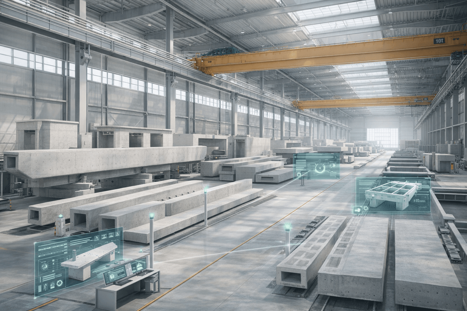 Smart precast factory interior with structural systems