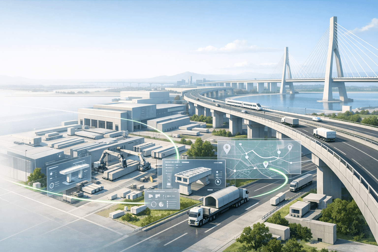Smart factory, logistics, and bridge deployment visual for Nirman AI homepage